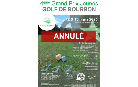 ANNULÉ le parcours n'étant pas encore assez sécurisé pour accueillir une épreuve / 4ème GRAND PRIX JEUNES du Golf de Bourbon des 12 &amp; 13 MARS 2025